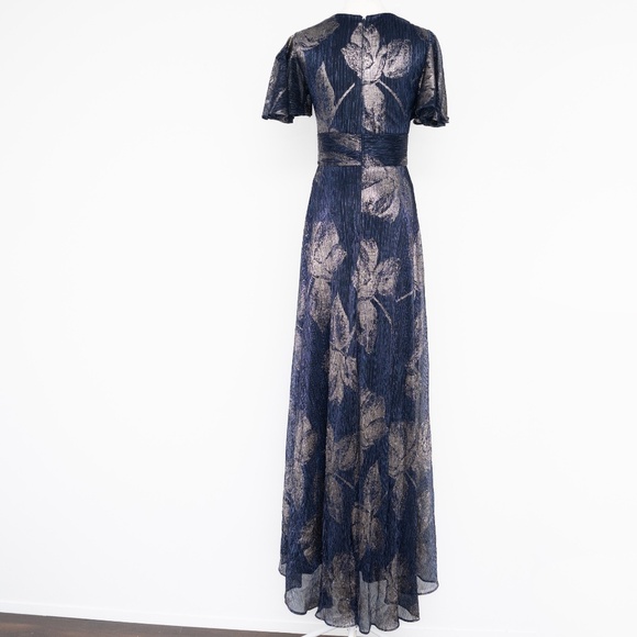 Betsy & Adam - Chloe Long Short Sleeve Metallic Print Gown - Picture 2 of 11
